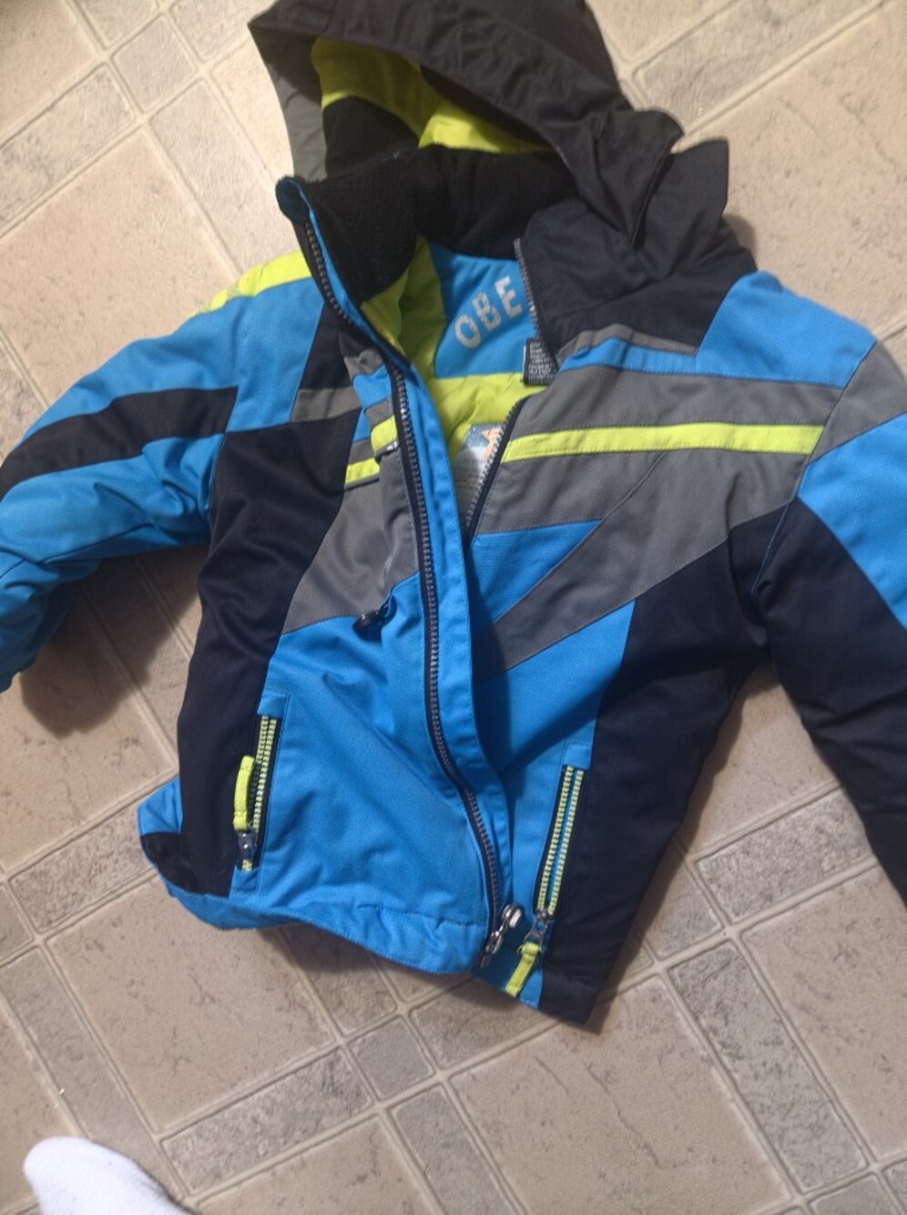 Obermeyer Blue, Gray & Lime Kids Hooded Puffer Jacket
